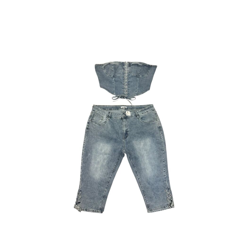 NWT Fashion Nova Wait For Me Denim Capri 2Pc Set 3X - Picture 2 of 14